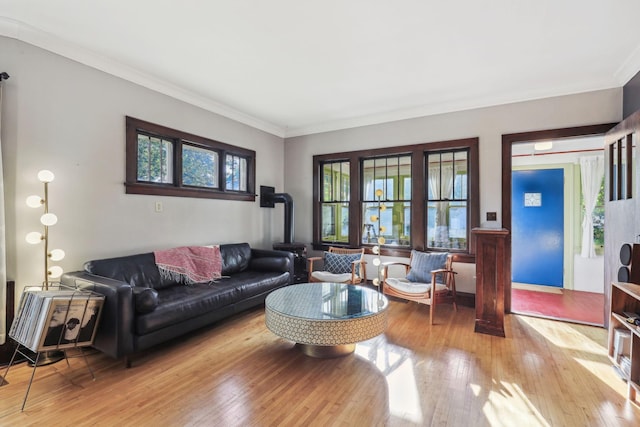 living room featuring a wood stove, wood-type flooring, and ornamental molding