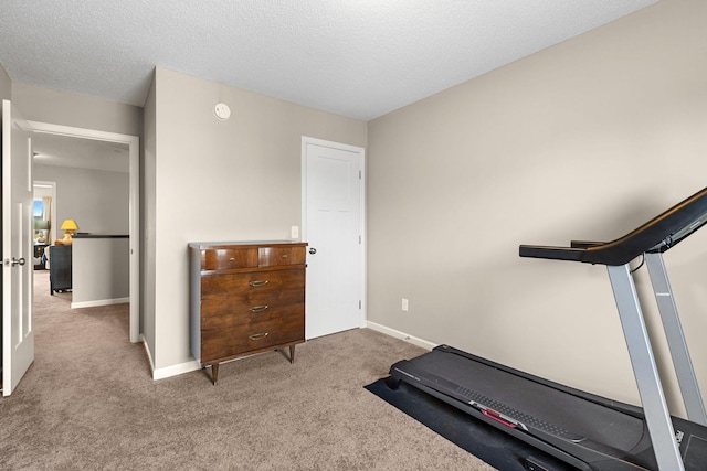 workout area featuring baseboards, carpet floors, and a textured ceiling