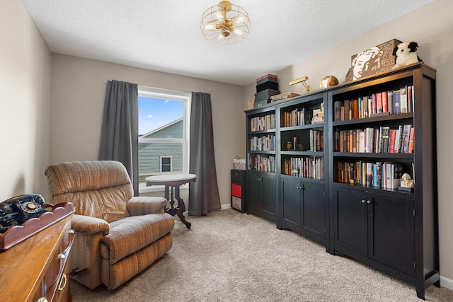 living area with baseboards, light colored carpet, and a textured ceiling