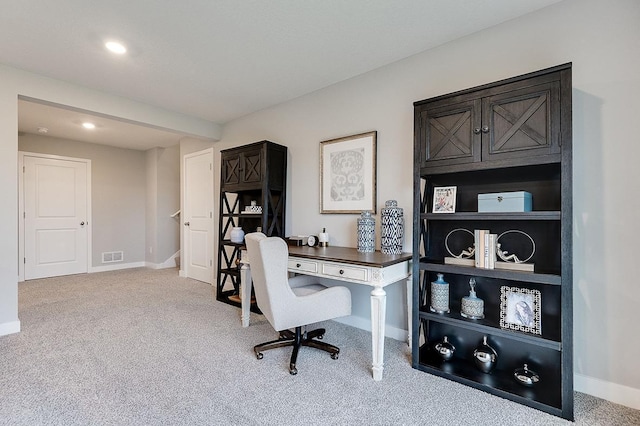 carpeted home office with baseboards, visible vents, and recessed lighting