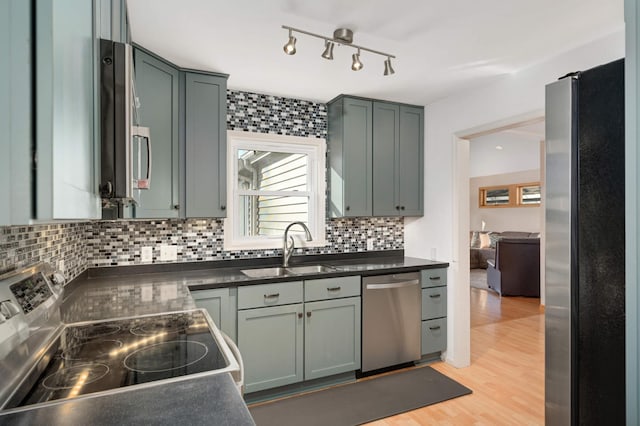 kitchen featuring light wood finished floors, dark countertops, backsplash, appliances with stainless steel finishes, and a sink