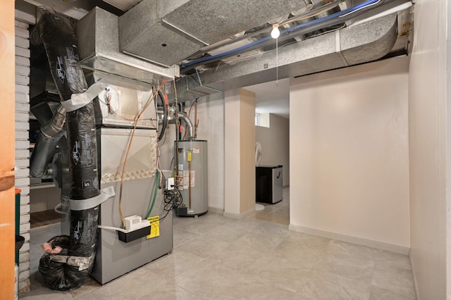 unfinished basement with baseboards and gas water heater