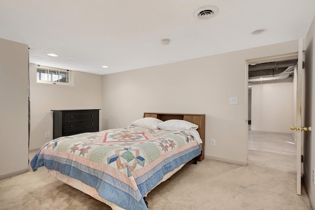 bedroom featuring baseboards, visible vents, carpet flooring, and recessed lighting