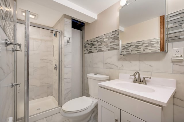 full bathroom with toilet, a stall shower, marble finish floor, and vanity