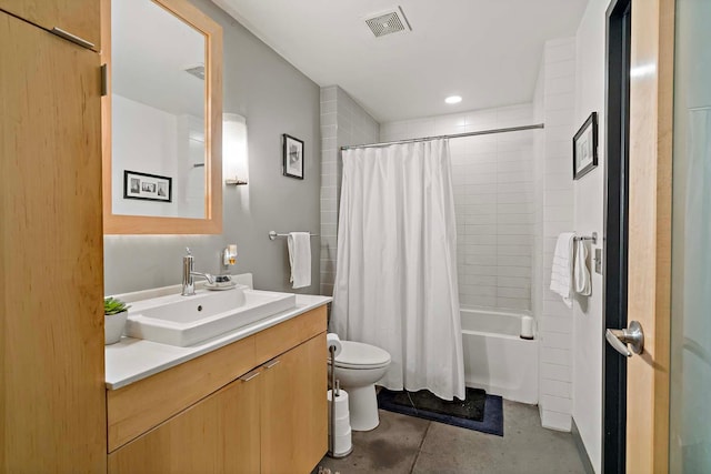 bathroom with vanity, shower / bathtub combination with curtain, visible vents, concrete floors, and toilet