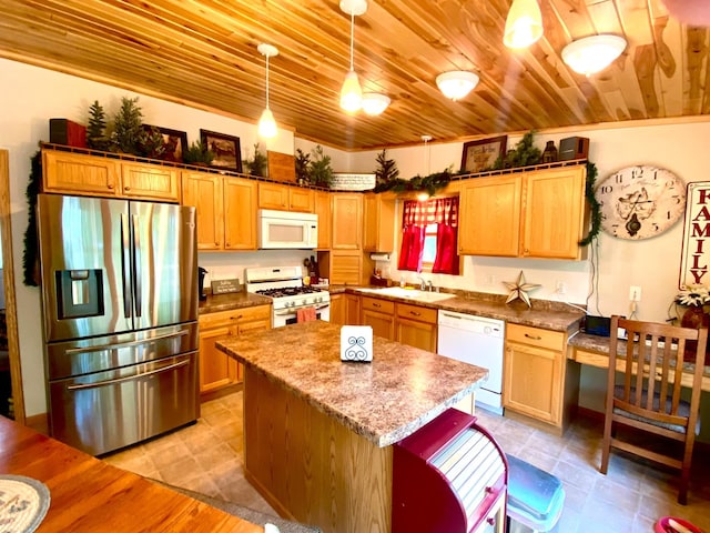 kitchen featuring wooden ceiling, white appliances, a kitchen island, a sink, and hanging light fixtures