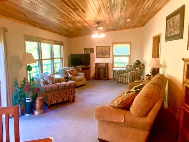 living area featuring carpet and wooden ceiling