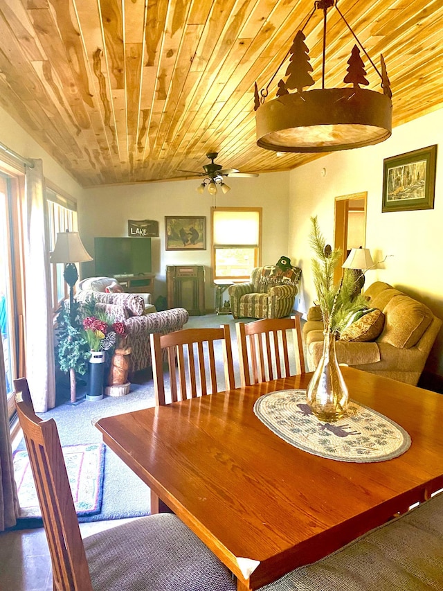 dining area with wooden ceiling and ceiling fan