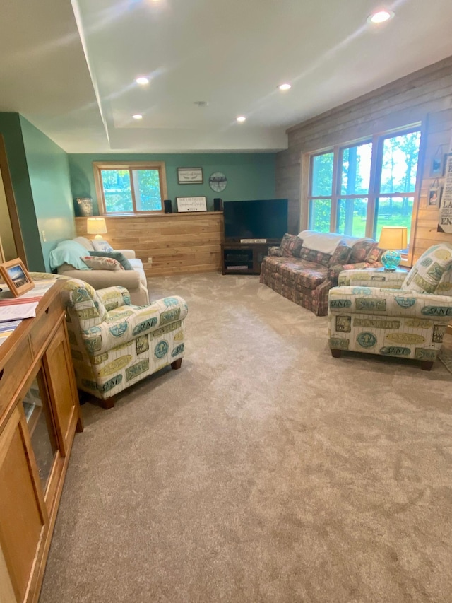 living area with carpet flooring and recessed lighting