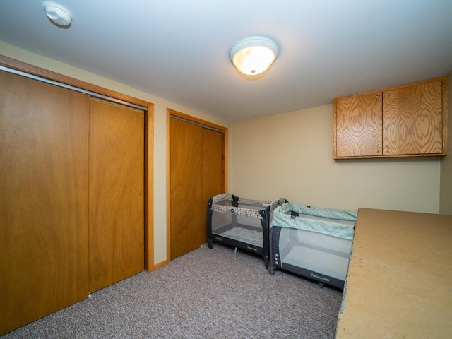 bedroom with two closets and carpet