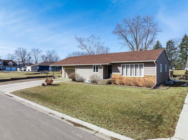 ranch-style home with driveway, roof with shingles, a front yard, a garage, and a chimney