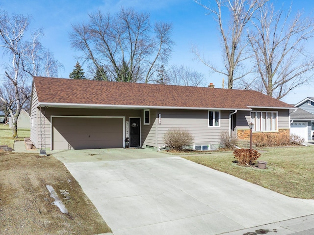 ranch-style house with a shingled roof, a front lawn, concrete driveway, a chimney, and an attached garage