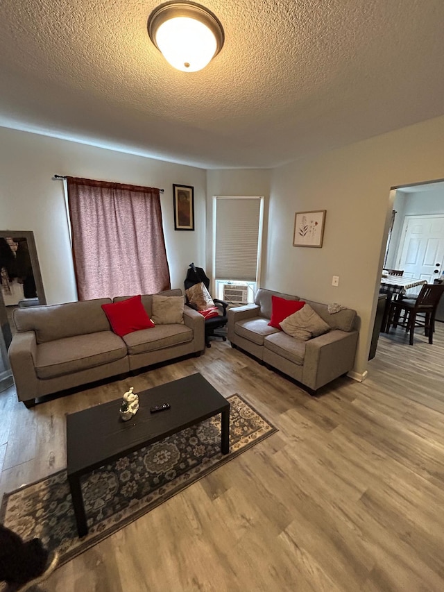 living room with a textured ceiling and wood finished floors