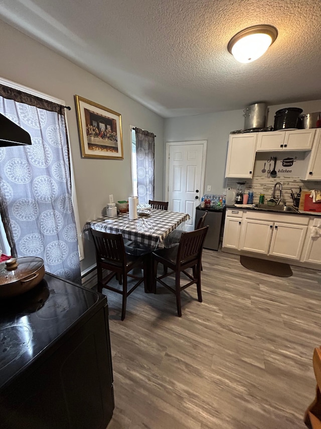 dining area featuring a textured ceiling, a baseboard radiator, and wood finished floors