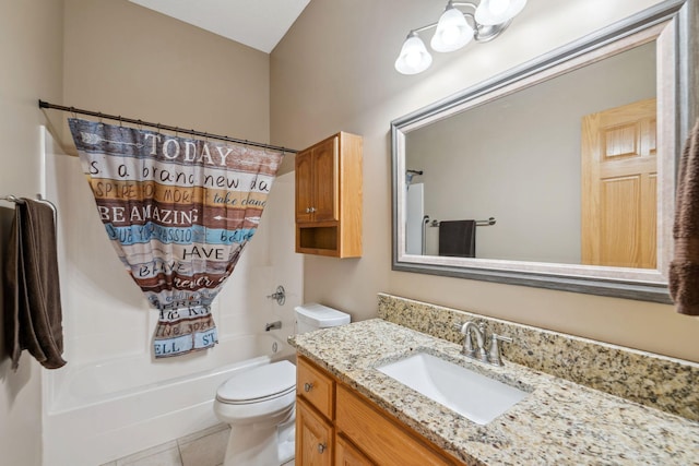 bathroom featuring toilet, shower / tub combo with curtain, vanity, and tile patterned flooring