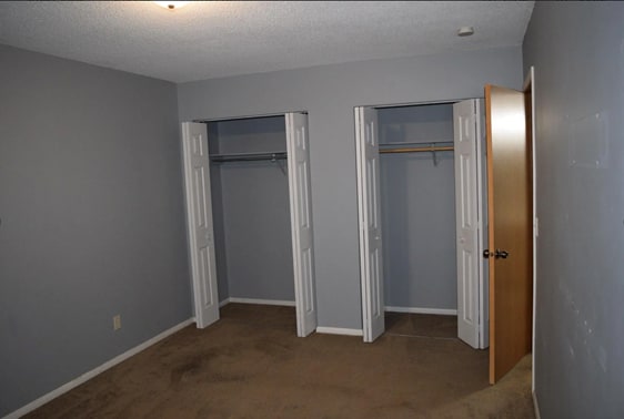 unfurnished bedroom featuring carpet flooring, a textured ceiling, baseboards, and two closets