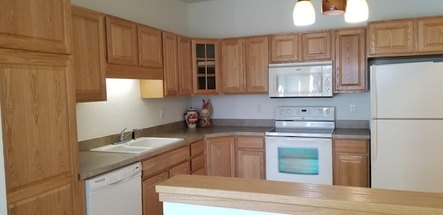 935 Ferndale St N Unit 106, Maplewood, MN 55119 - kitchen featuring glass insert cabinets, light brown cabinetry, a sink, and white appliances