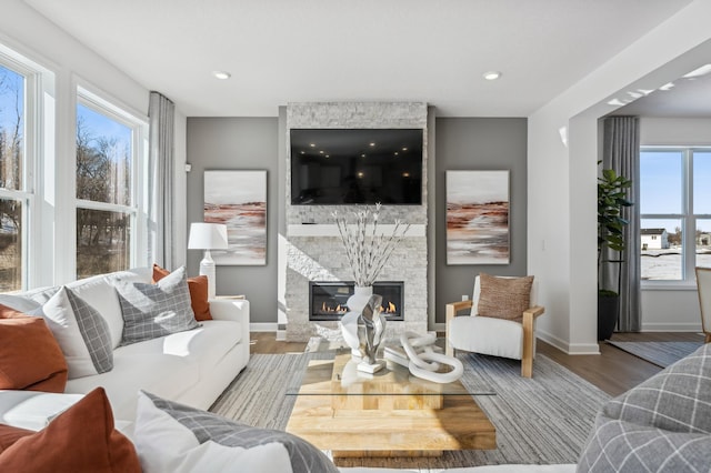 living room with plenty of natural light, baseboards, wood finished floors, and a stone fireplace