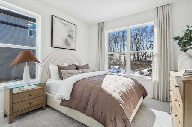 bedroom with light colored carpet