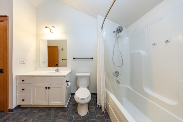 bathroom with shower / tub combo, vanity, toilet, and baseboards