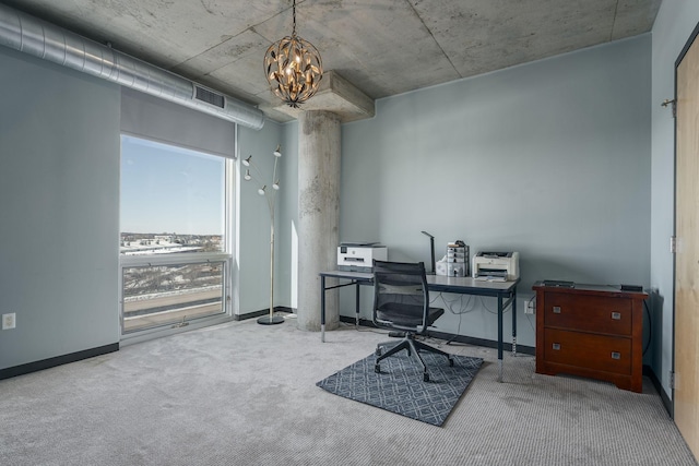 carpeted office with a chandelier, visible vents, and baseboards