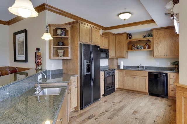 kitchen with open shelves, ornamental molding, black appliances, and a sink