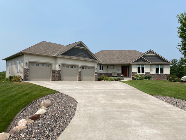 view of front facade featuring stone siding, roof with shingles, concrete driveway, a front yard, and an attached garage