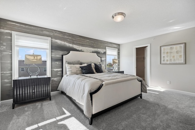 carpeted bedroom featuring a spacious closet, baseboards, and a textured ceiling