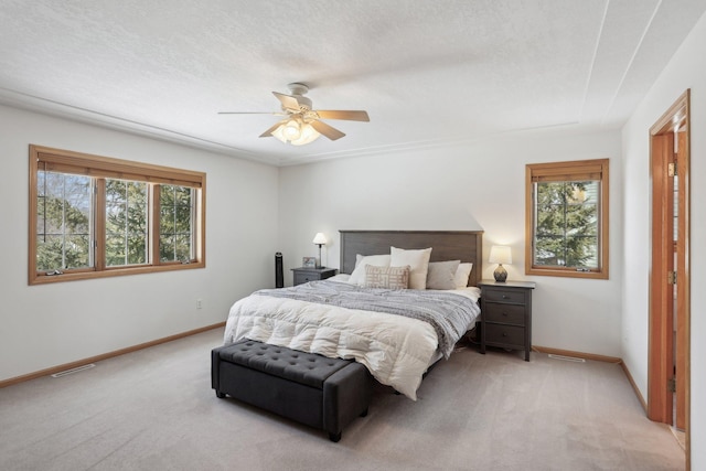 bedroom featuring multiple windows, light colored carpet, baseboards, and a textured ceiling