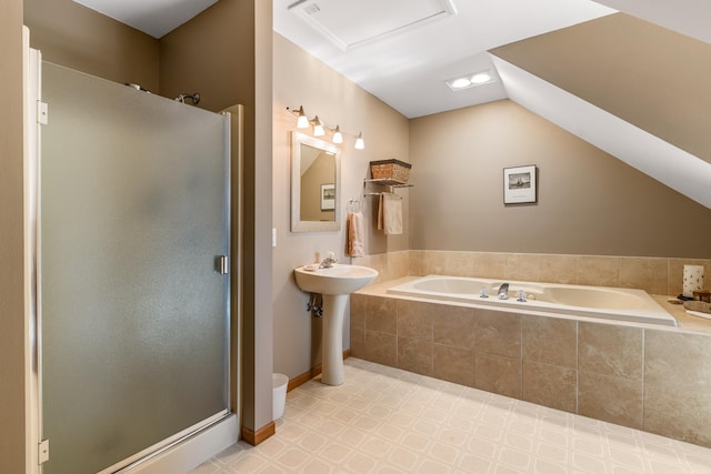 full bath featuring a garden tub, visible vents, baseboards, vaulted ceiling, and a stall shower