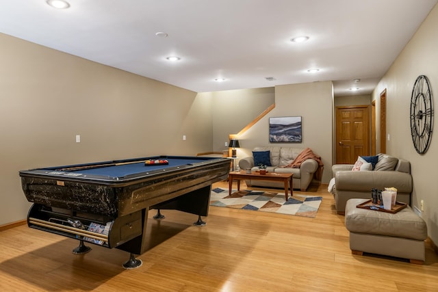 recreation room featuring light wood-style floors, baseboards, pool table, and recessed lighting