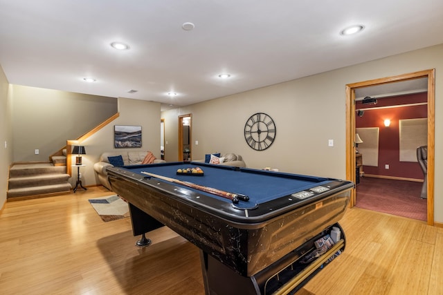 playroom with recessed lighting, billiards, baseboards, and wood finished floors