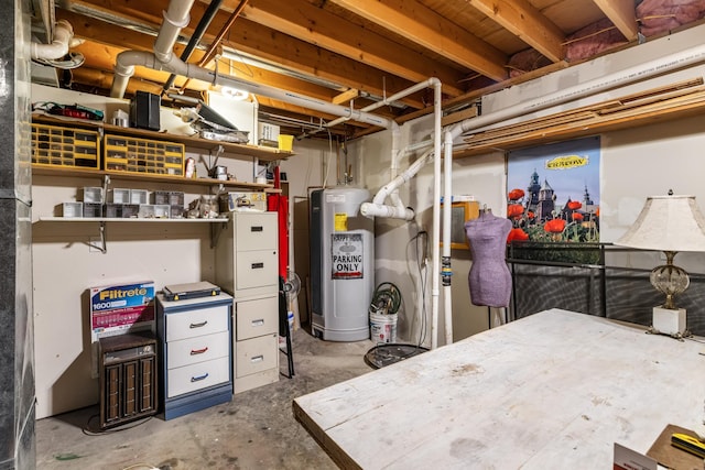 unfinished basement featuring water heater