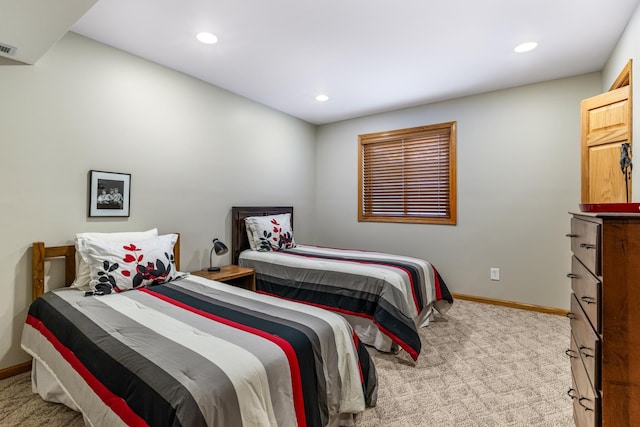 bedroom featuring baseboards, carpet flooring, and recessed lighting