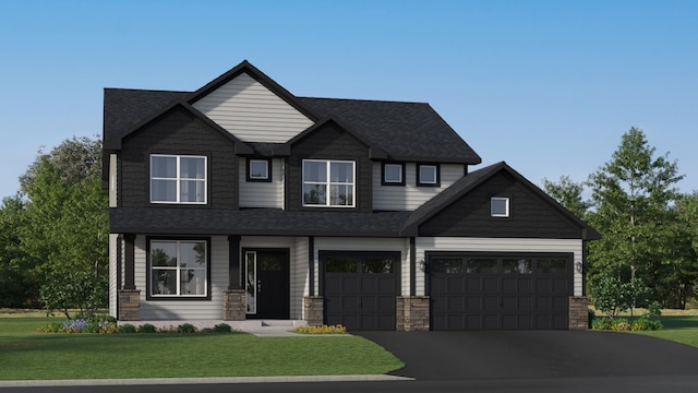 craftsman house featuring stone siding, a front lawn, a shingled roof, and aphalt driveway