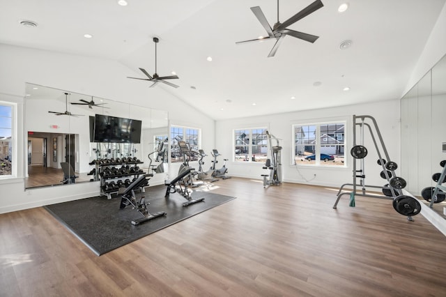 workout area with baseboards, wood finished floors, a ceiling fan, and recessed lighting