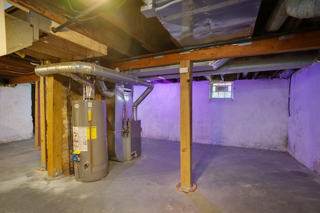 basement featuring water heater and heating unit