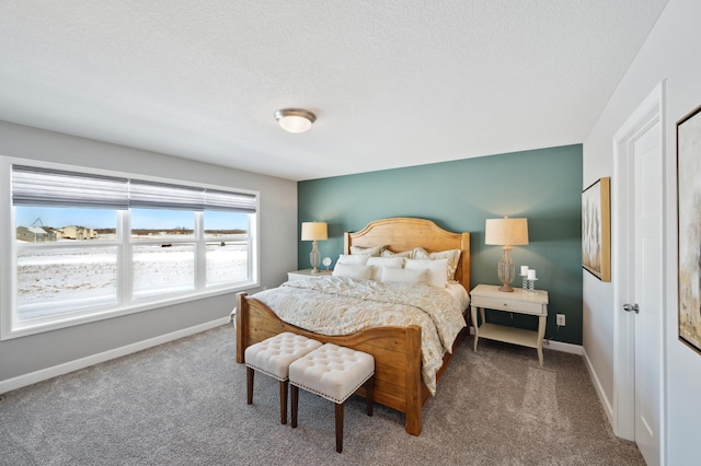 carpeted bedroom with baseboards and a textured ceiling