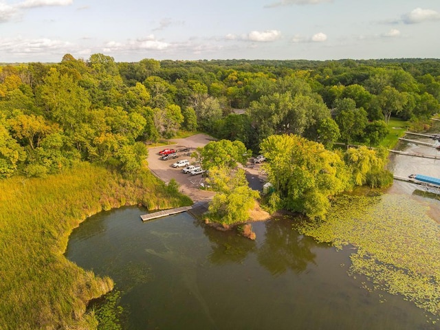 drone / aerial view featuring a view of trees and a water view