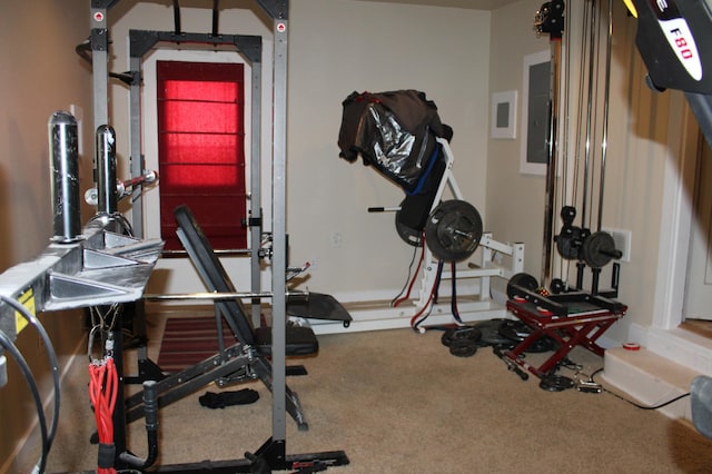 workout room with carpet floors and electric panel