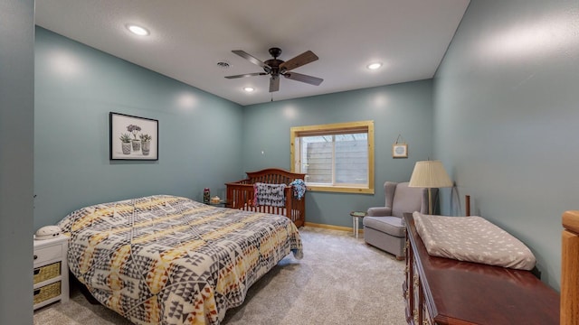 bedroom with a ceiling fan, carpet, baseboards, and recessed lighting