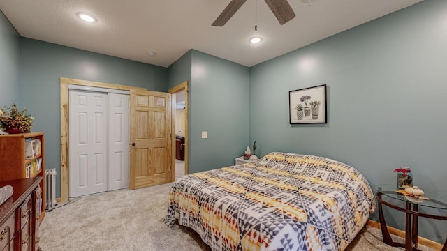 bedroom featuring ceiling fan, carpet floors, a closet, and recessed lighting