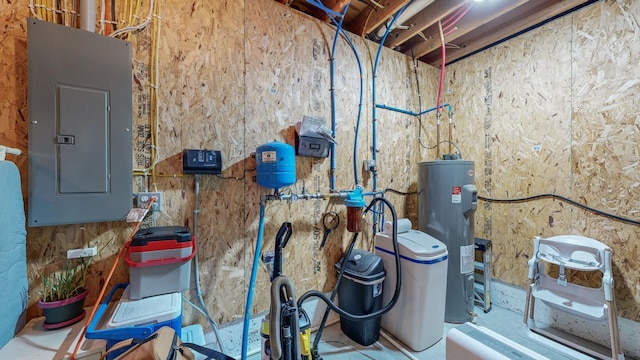 utility room featuring electric panel and water heater