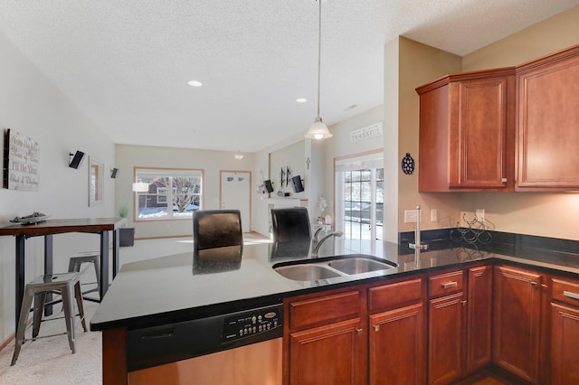 kitchen featuring dishwasher, open floor plan, plenty of natural light, and a sink