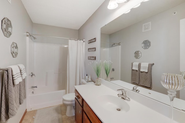 bathroom featuring toilet, tile patterned flooring, shower / bath combination with curtain, and vanity