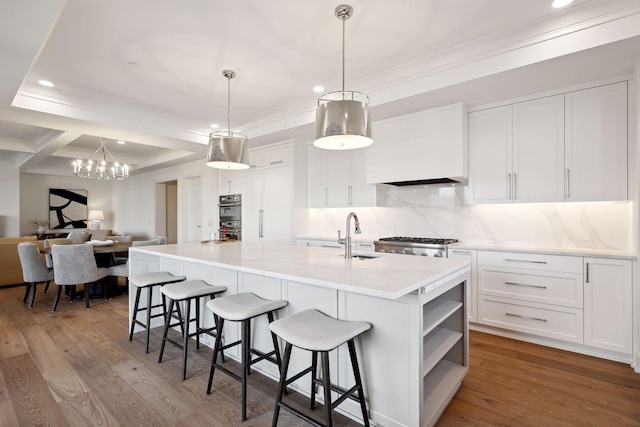 kitchen with wood finished floors, a sink, white cabinets, decorative backsplash, and open shelves