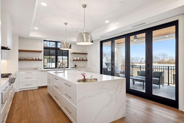 kitchen featuring light wood finished floors, a tray ceiling, and open shelves