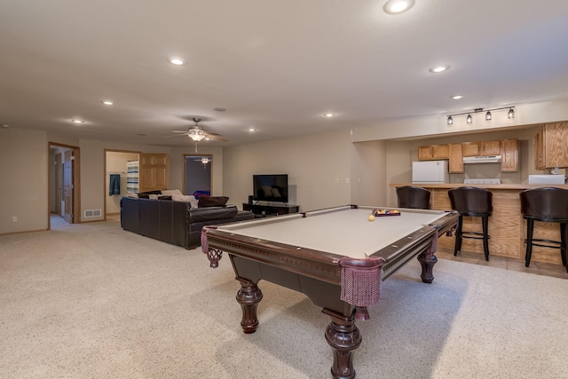 playroom with billiards, visible vents, light colored carpet, ceiling fan, and recessed lighting