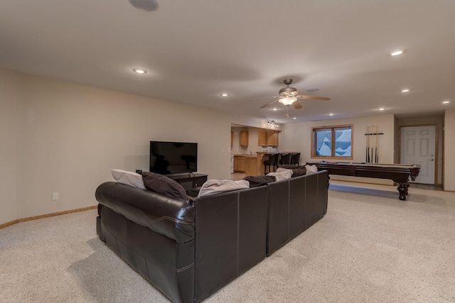 living area featuring baseboards, billiards, a ceiling fan, and recessed lighting