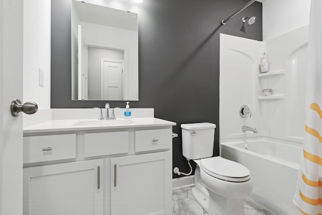 bathroom featuring toilet, shower / tub combo, vanity, baseboards, and marble finish floor